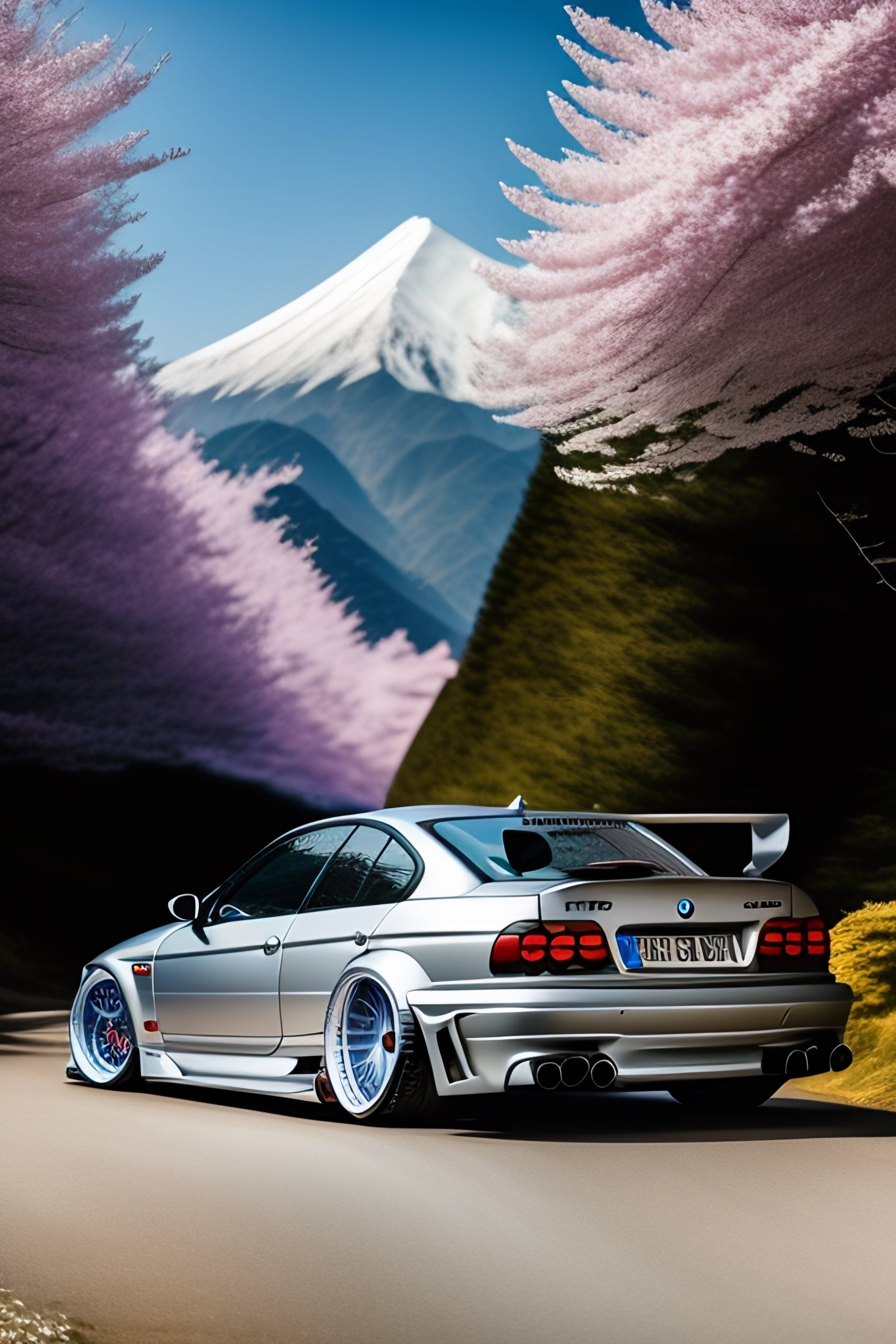 2048x3072 Lexica e46 bmw drifting in the Japanese mountains, cherry blossoms in the background