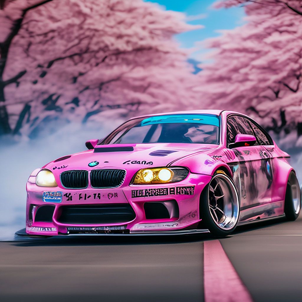 1024x1024 Drift under fonk, pink bmw. with smoke. against the background of Japan and sakura. beautifully. realism. high