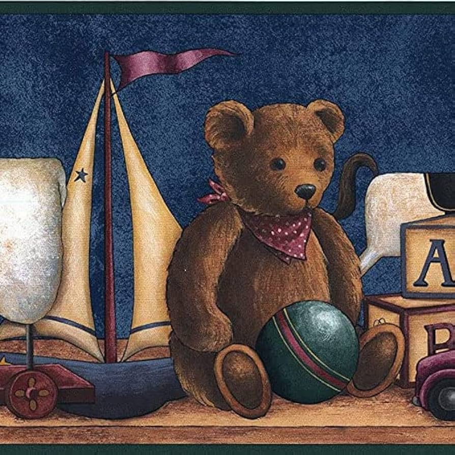 894x894 CONCORD WALLCOVERINGS ™ Teddy Bear Toys Shelf Wallpaper Border, 8.75 x 15' Classic Toy Shelf Theme, Boy Nursery Room Decor, Prepasted Washable Vinyl Border, Navy Blue & Brown