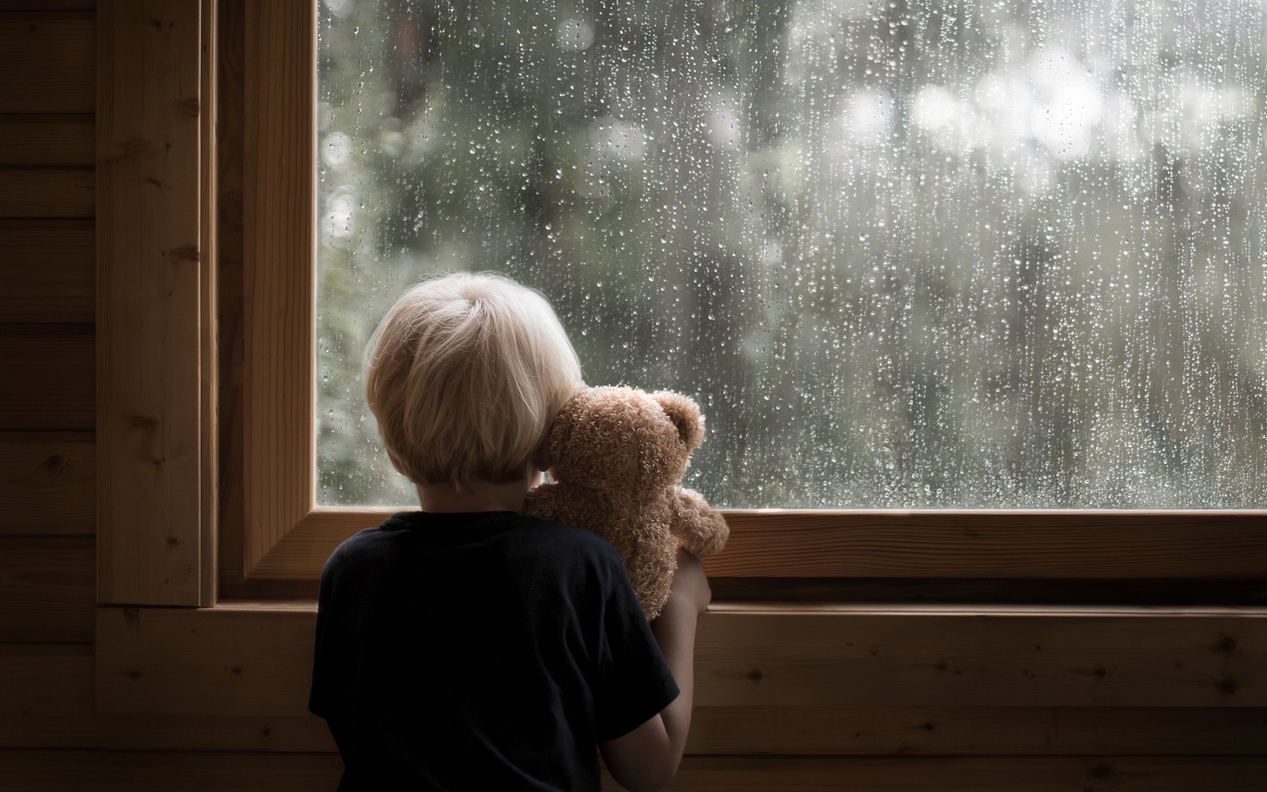 2560x1600 Wallpaper Little boy and teddy bear look at window, rainy 3840x2160 UHD 4K Picture, Image