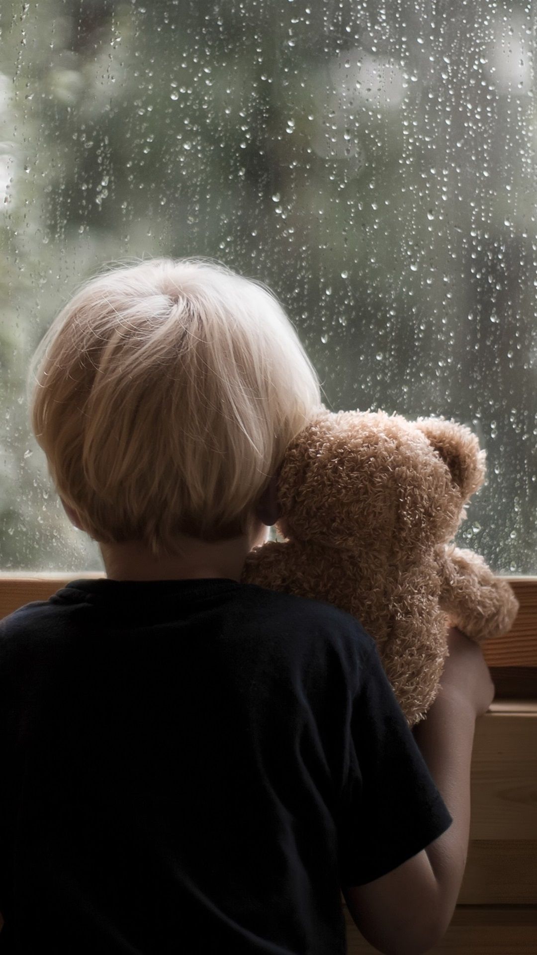 1080x1920 Little Boy And Teddy Bear Look At Window, Rainy 1080x1920 IPhone 8 7 6 6S Plus Wallpaper, Background, Picture, Image