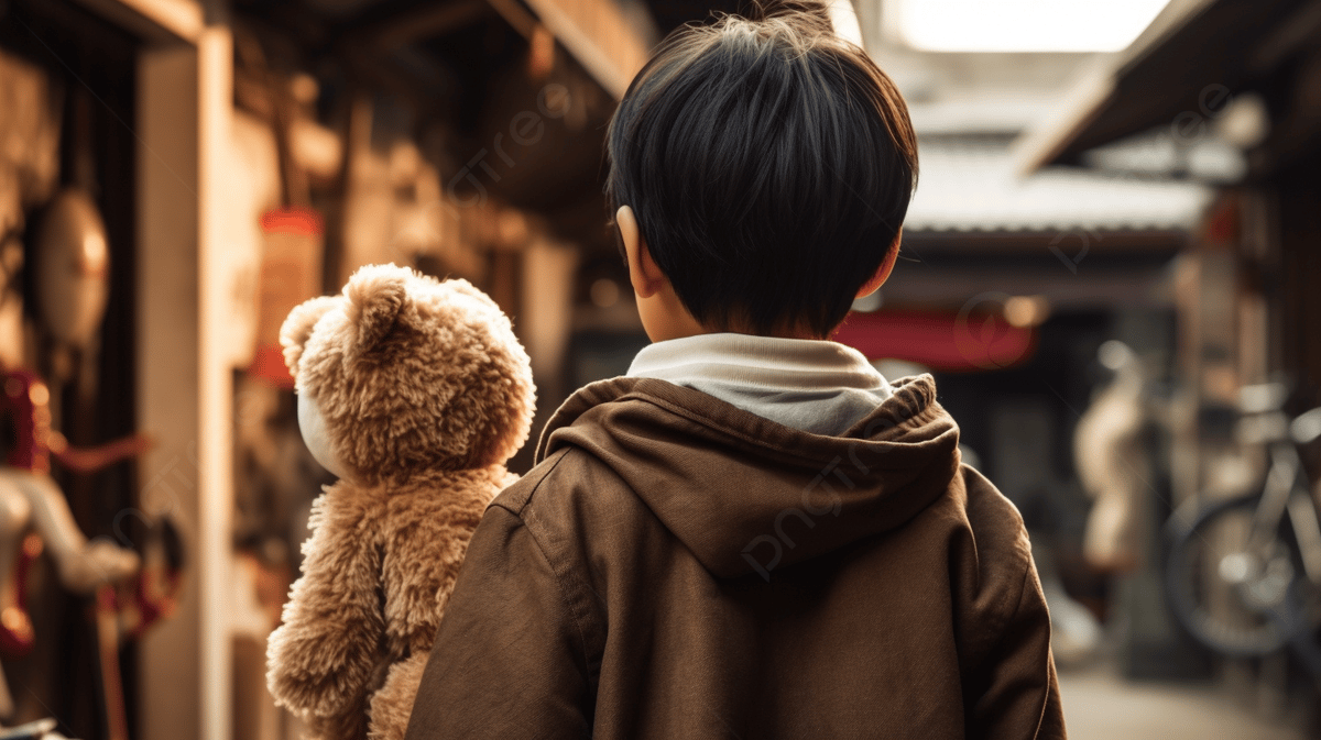 1200x673 Boy With Teddy Bear Walking Down Street With On Photo And Picture For Free Download