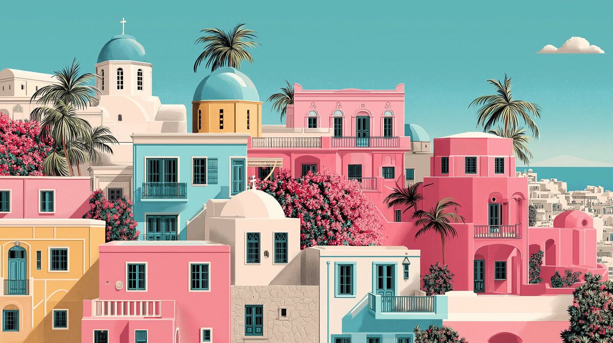 1200x673 Mediterranean Coastal Village Mural Wallpaper in Pastel Pink