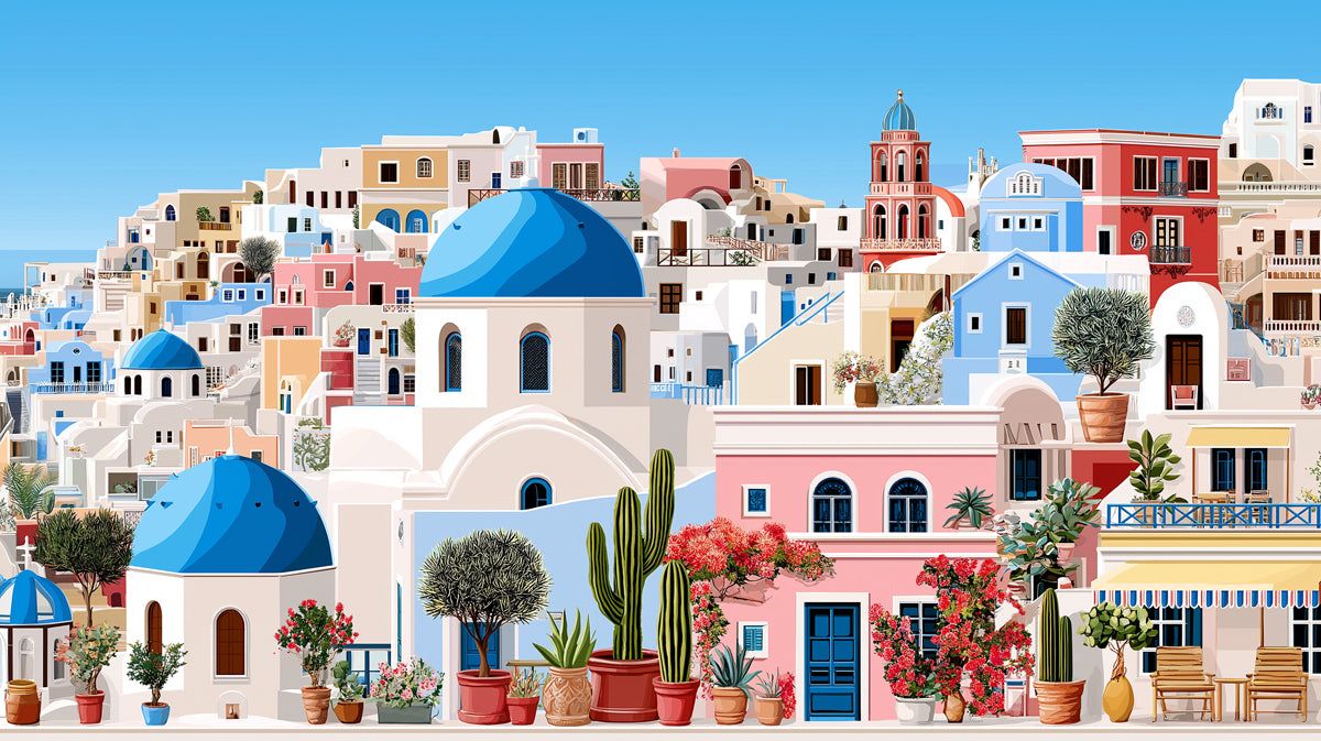 1200x673 Mediterranean Hillside Village Mural Wallpaper