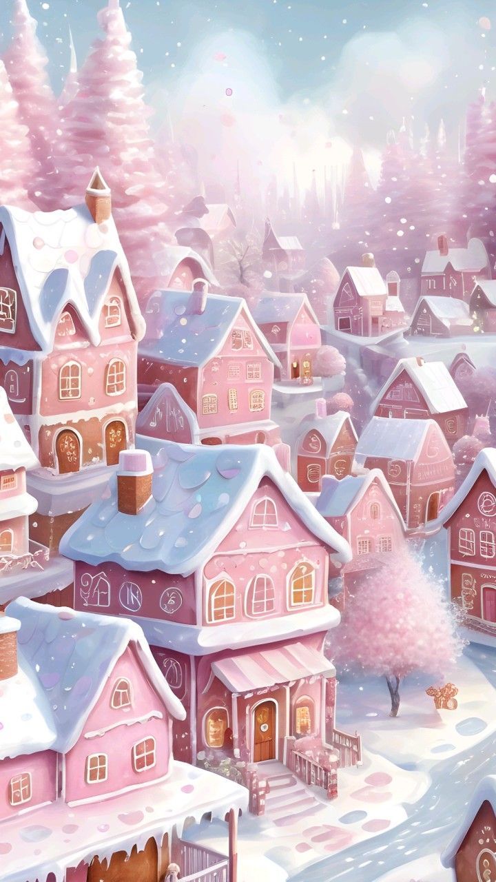 720x1280 Pastel Holiday Cheer: Winter Gingerbread Town Art for Phones