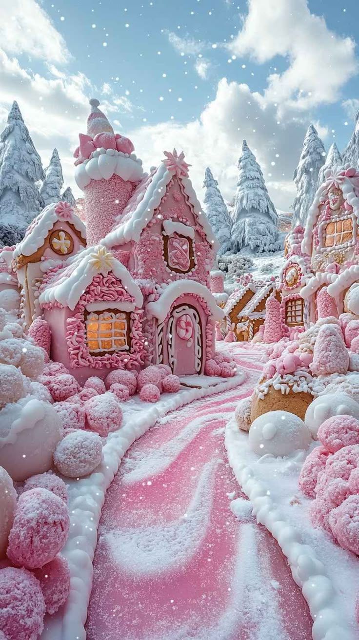 736x1313 Pink Gingerbread Village 8K Mobile Wallpaper: Christmas iPhone Background