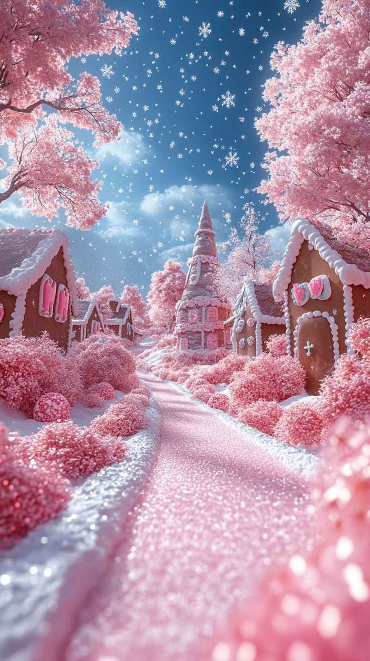 736x1313 Pink Gingerbread Village 8K Mobile Wallpaper: iPhone, 4K, Winter Wonderland