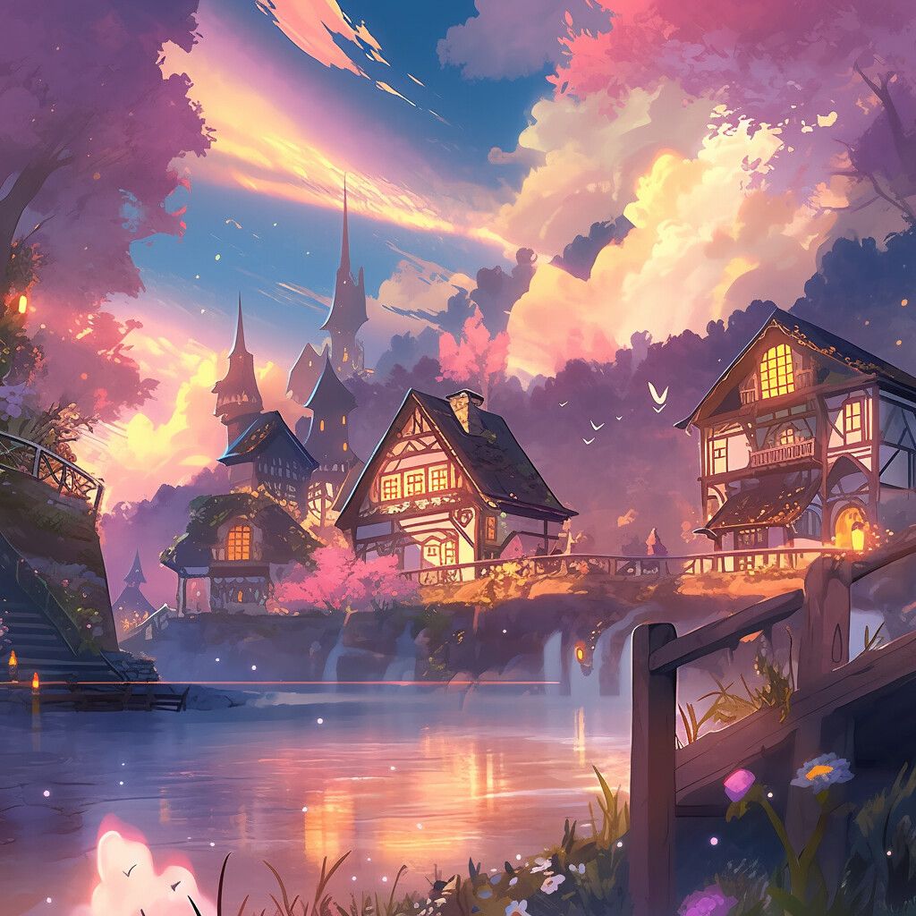 1024x1024 JRK Art Fantasy Village Beside Lake