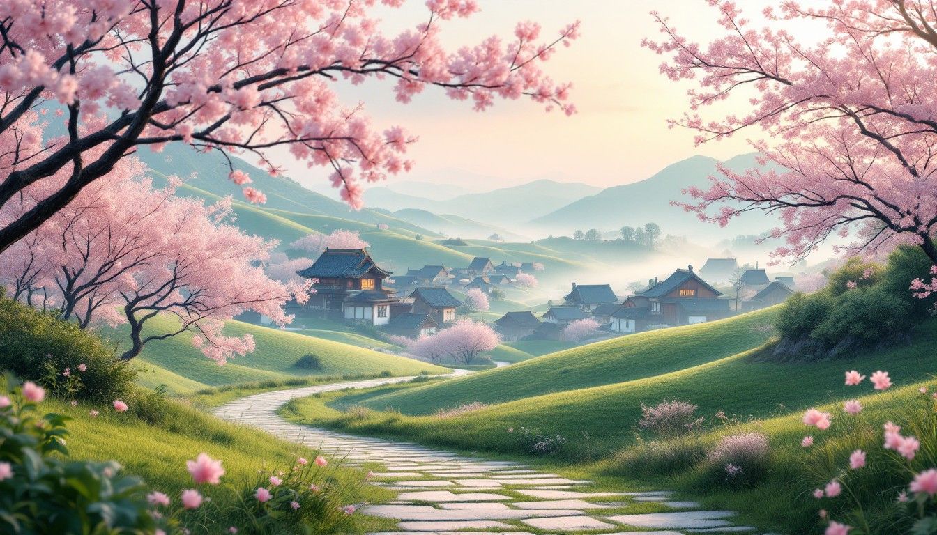 1344x768 Free Cherry Blossom Village Image, Cherry, Blossoms