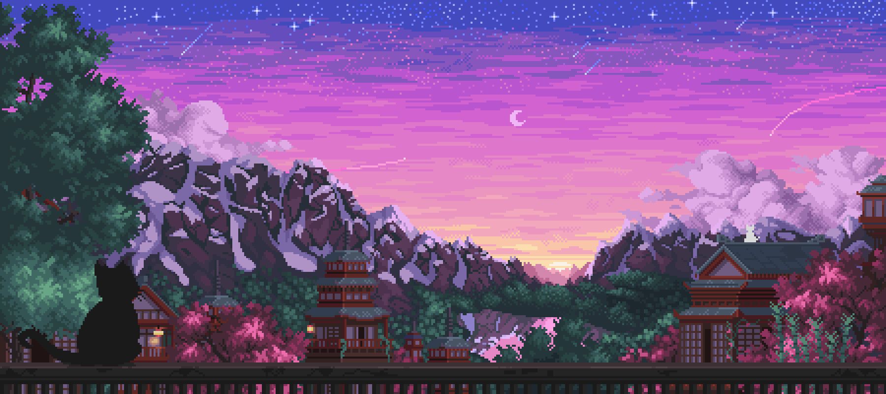1800x800 Japanese Village, Pixel Art