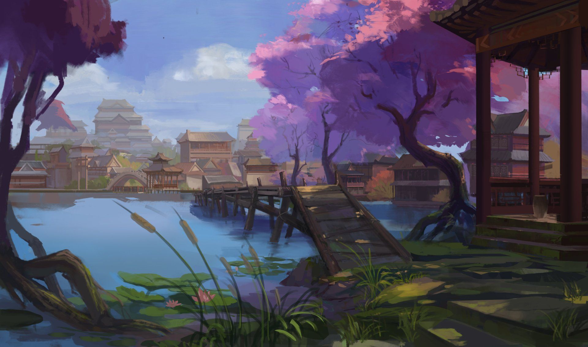 1920x1133 Blossom Harbor: Oriental Fantasy HD Wallpaper by 历历秦川川x1846