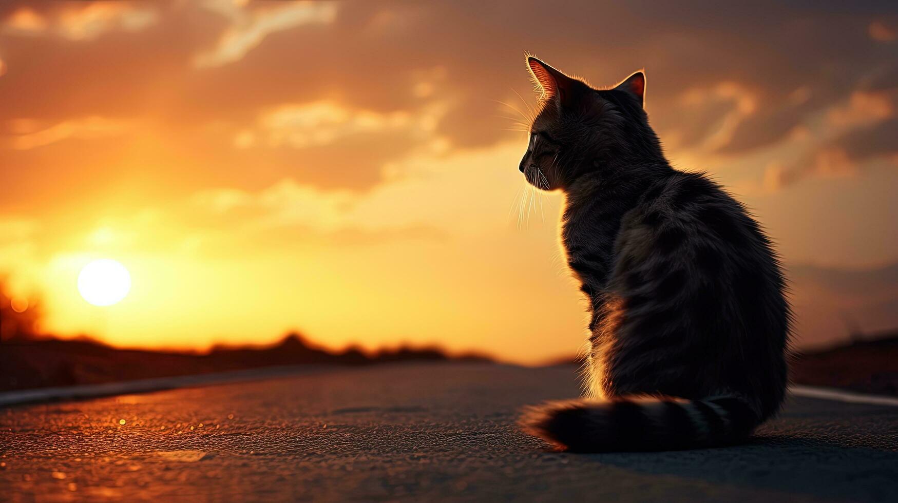 1749x980 Cute cat on road with sunset background looking at wonderful sunset. silhouette concept