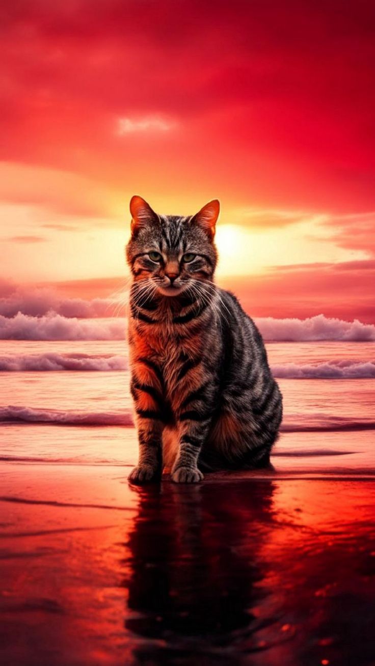 736x1308 Wallpaper cat, sunset, sea, Animals 4K by user4235449. Download wallpaper cat, sunset, sea for free