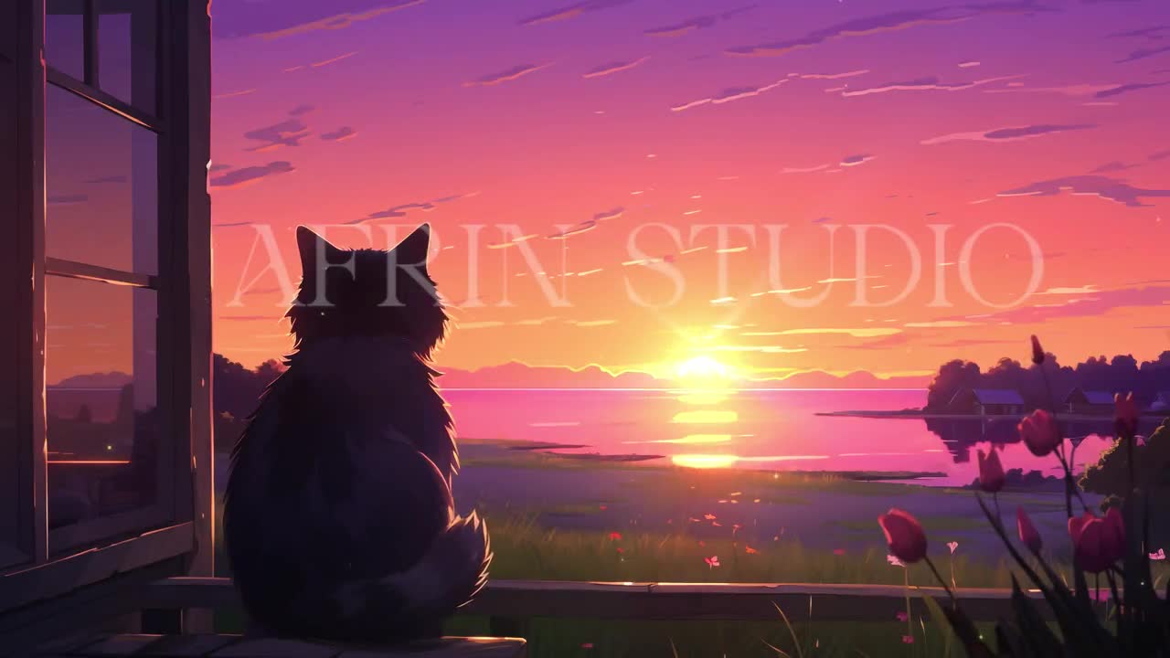 1280x720 Animated Virtual Background Sunset & Cat Vtuber Background Twitch Stream lofi art twitch Overlay lofi Animated twitch Scene Stream Screen
