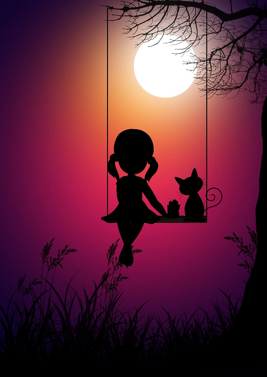 910x1287 HD wallpaper: girl, moon, cat, sunset, sky, silhouette, orange color, nature
