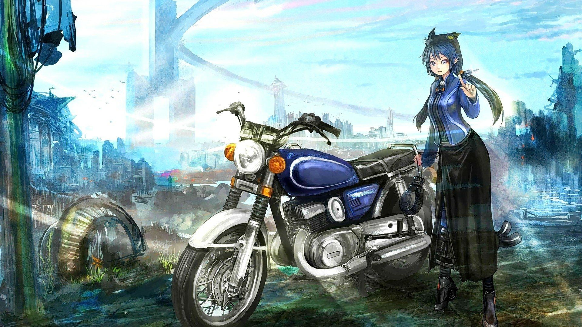 1920x1080 Blue Eyed Anime Girl With Motorcycle HD Wallpaper By Len Brewx1080