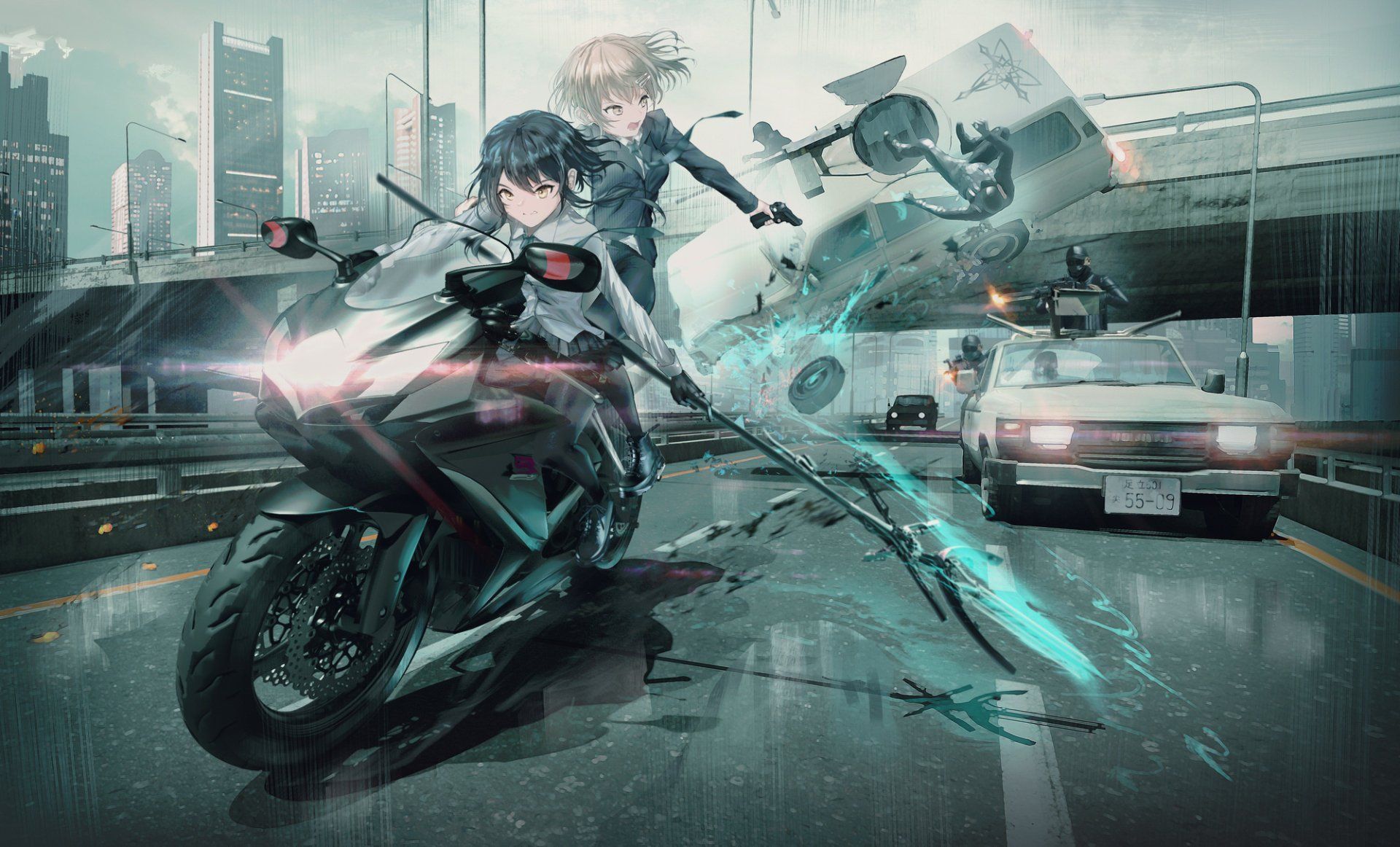 1920x1162 Anime Girls Racing Through Futuristic Cityscape