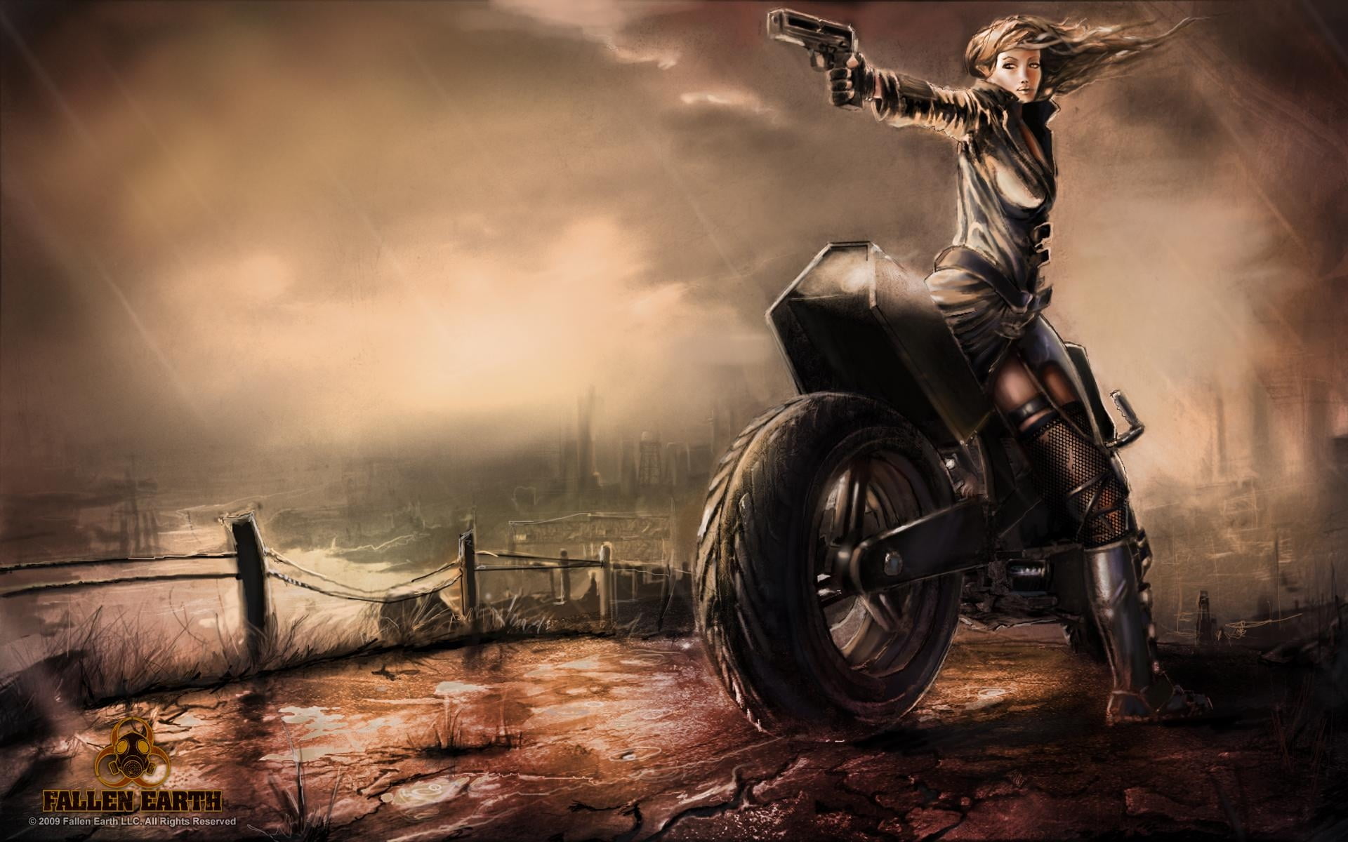 1920x1200 Female anime character riding motorcycle pointing gun poster HD wallpaper