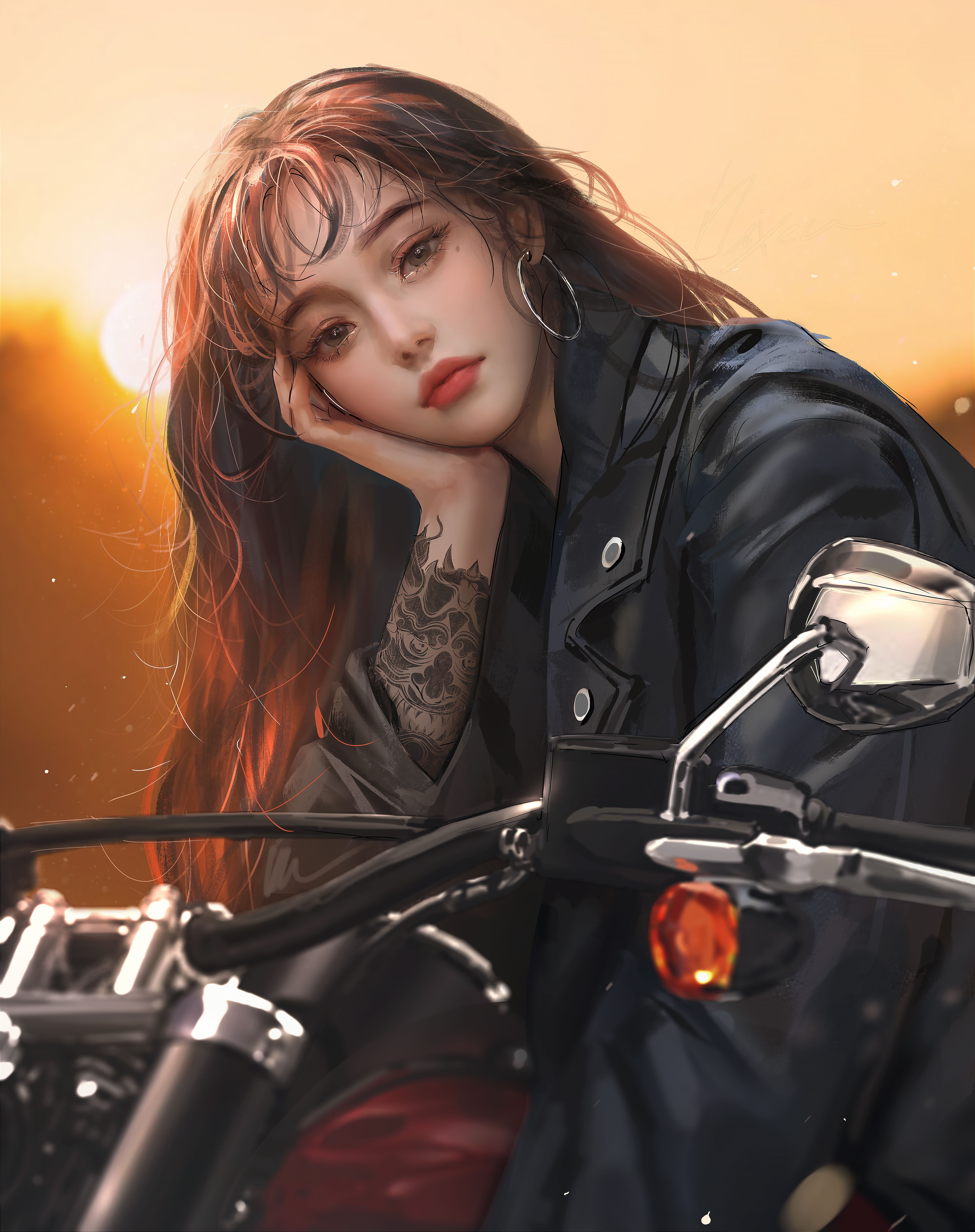 5543x7000 brunette, Nixeu, women, looking at viewer, inked girls, women with motorcycles, red lipstick, long hair, anime, anime girls, motorcycle, tattoo, brown eyes, drawing, artwork, vehicle, hoop earrings, black clothingx7000 Wallpaper