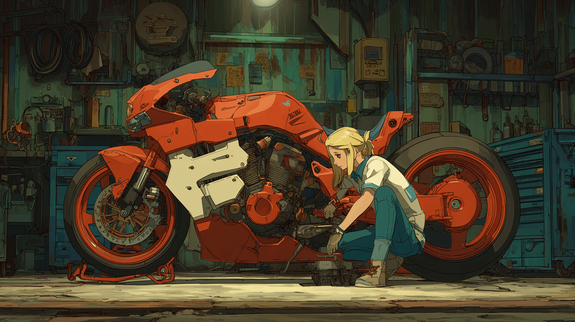 1920x1075 Garage Girl & Crimson Bike