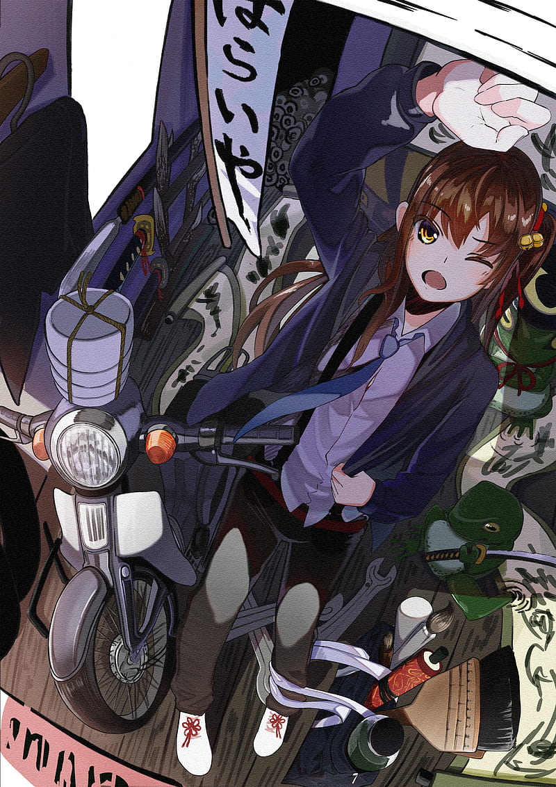800x1132 Girl, glance, garage, bike, anime, HD phone wallpaper