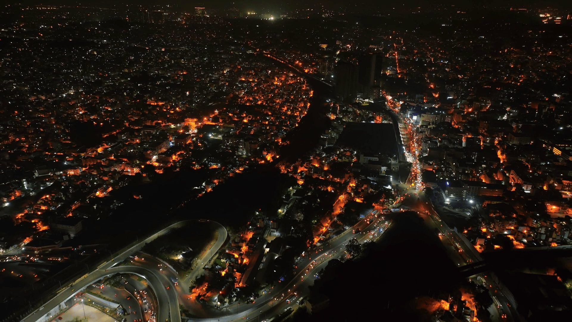 1920x1080 Night Top View Aerial View Of Bengaluru City In Karnataka. Urban Cityscape Concept Or Abstract Of Advanced Innovation, Financial Technology, And Energy Power