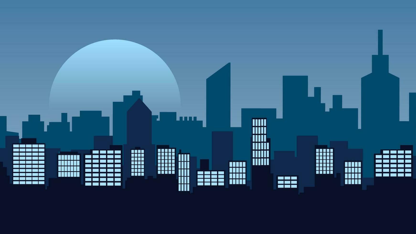 1742x980 Vector illustration of cityscape. Silhouette of building skyline in the night. City landscape for background, wallpaper or landing page. Urban landscape with gradient color style