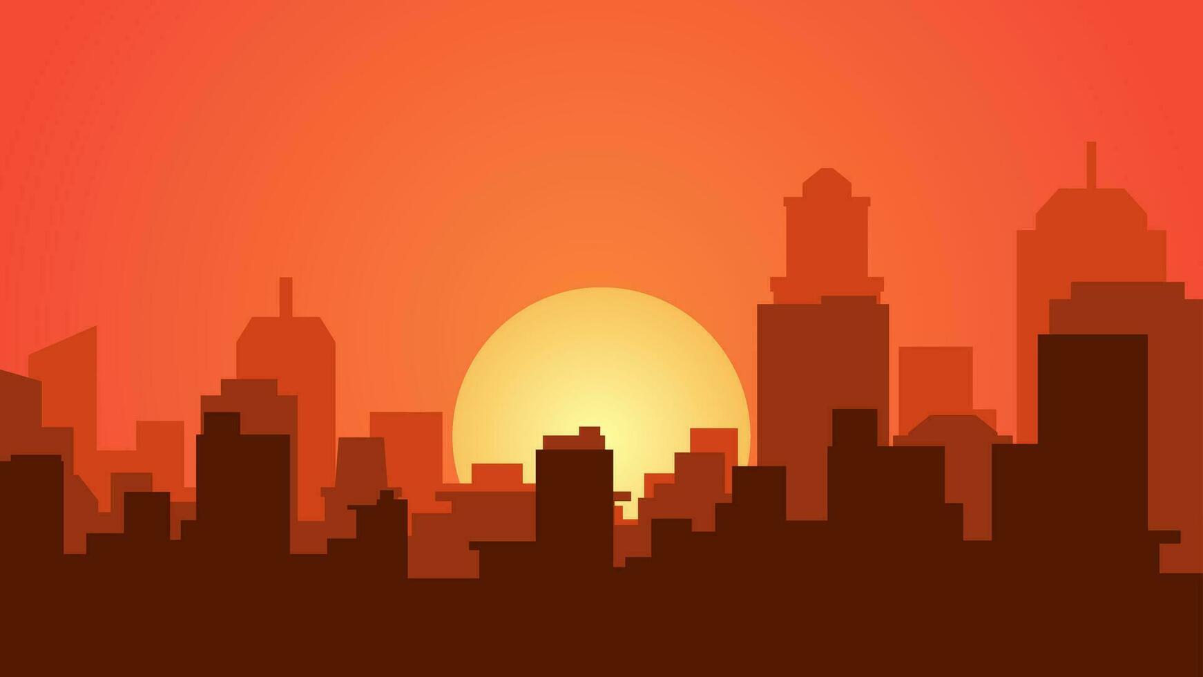 1742x980 City landscape vector illustration. Urban silhouette of skyline building in sunset. Cityscape landscape for background, wallpaper or landing page. Sunset panorama in the city