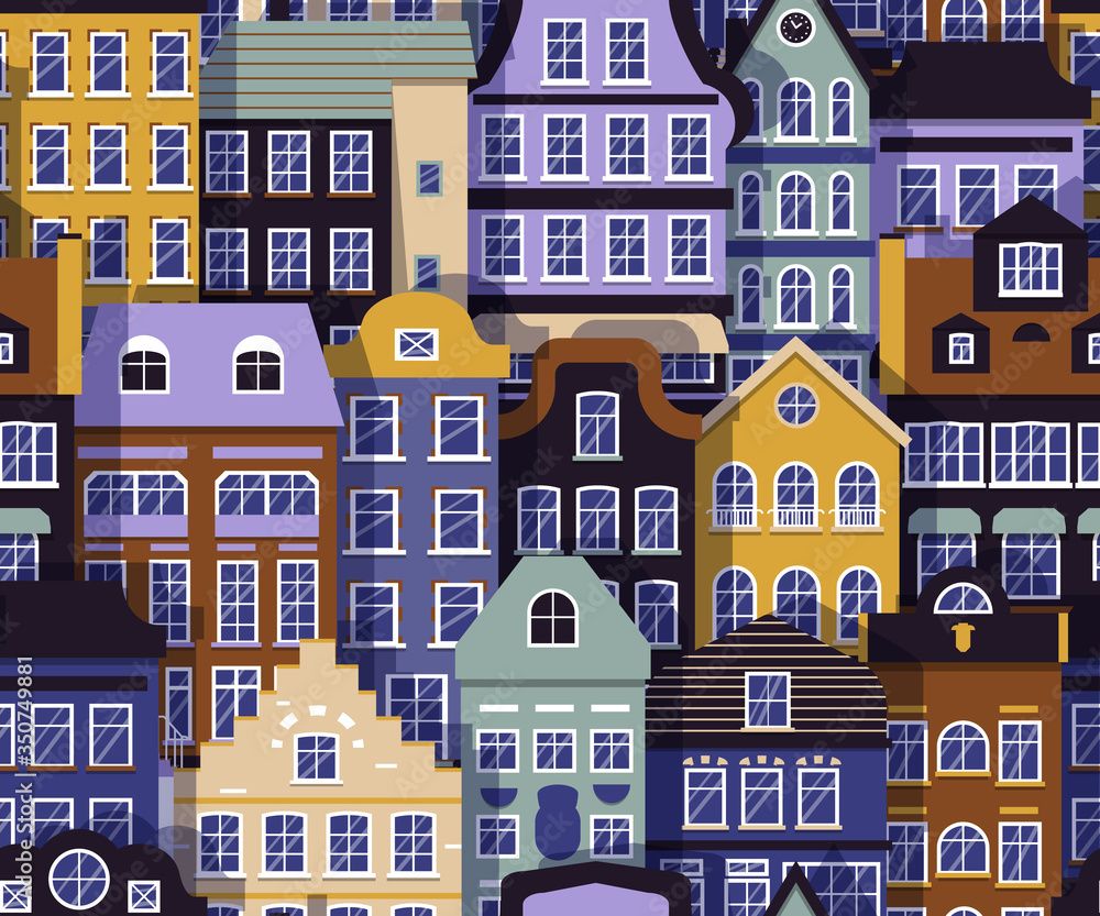 1000x833 Building street seamless pattern. Layered european house with shadow background. Color flat cartoon architecture sign. Repeat ornament for paper wrap, fabric print, wallpaper decor Vector illustration Stock Vector
