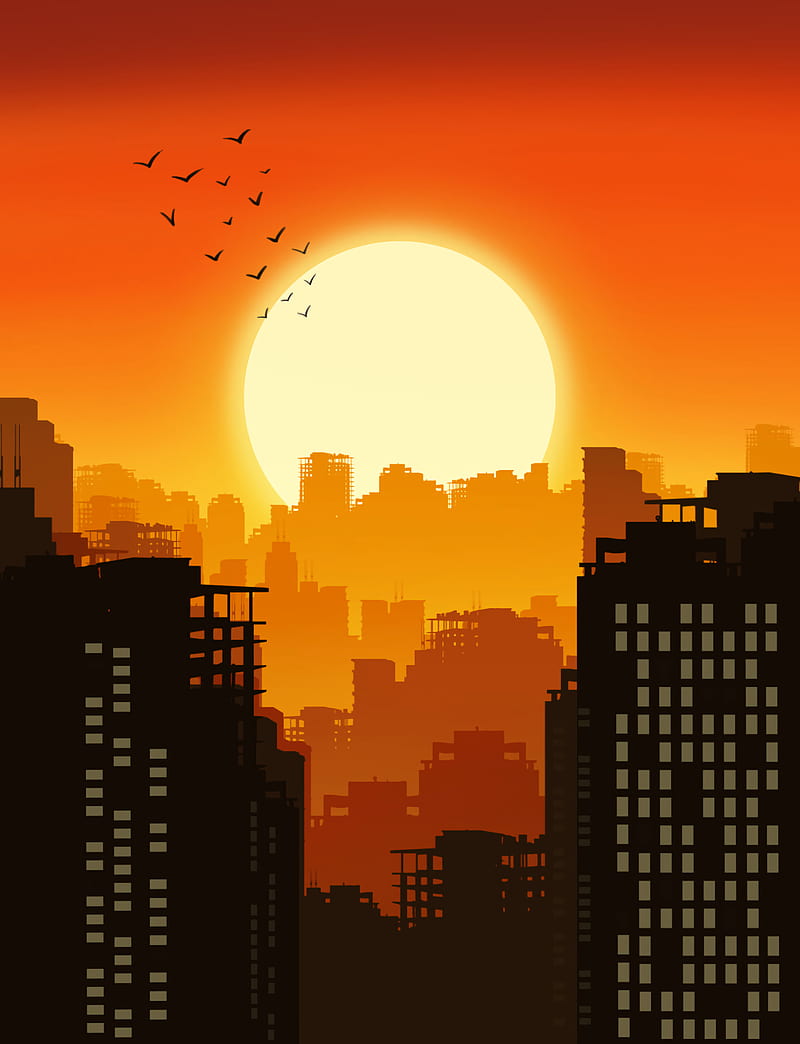 800x1044 City, buildings, silhouettes, sun, sunset, vector, art, HD phone wallpaper