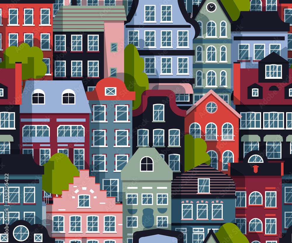 1000x833 Houses Street Seamless Pattern With Tree Layered European Building Background With Color Flat Cartoon Town Facade Sign. Repeat Ornament For Paper Wrap, Fabric Print Wallpaper Decor Vector Illustration Stock Vektor