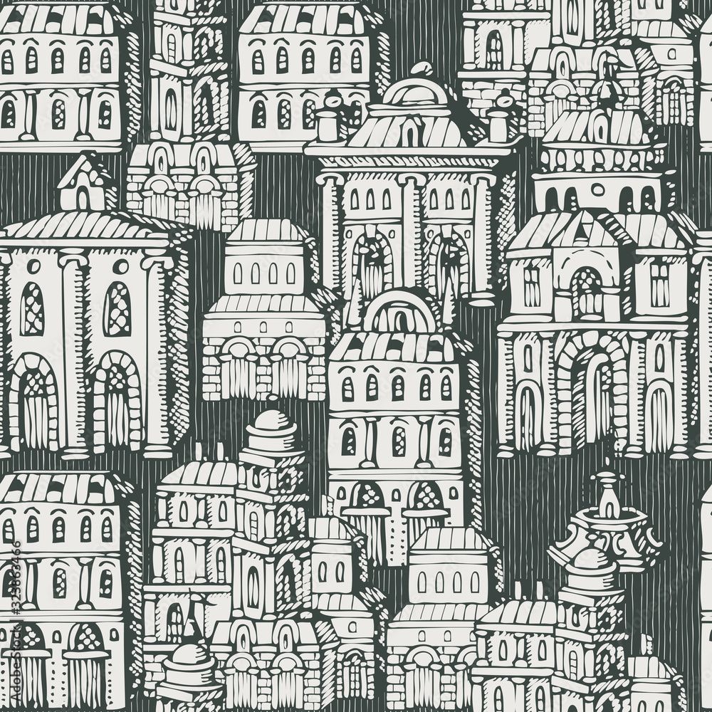1000x1000 Vector De Stock Vector Seamless Pattern With Old Hand Drawn Houses In Retro Style. Cartoon Background With Old Style Building Facades And Fountains. Suitable For Wallpaper, Wrapping Paper, Fabric, Textile