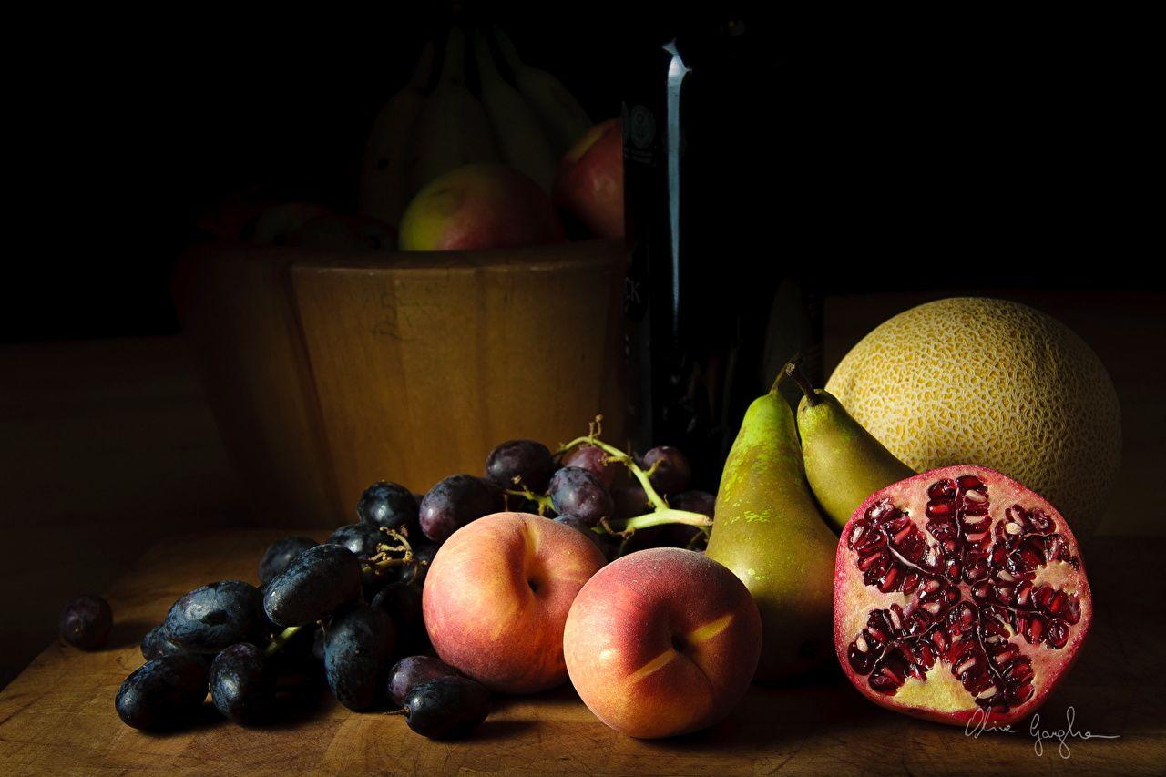 1280x853 Desktop Wallpaper Pears Grapes Peaches Pomegranate Food Still Life