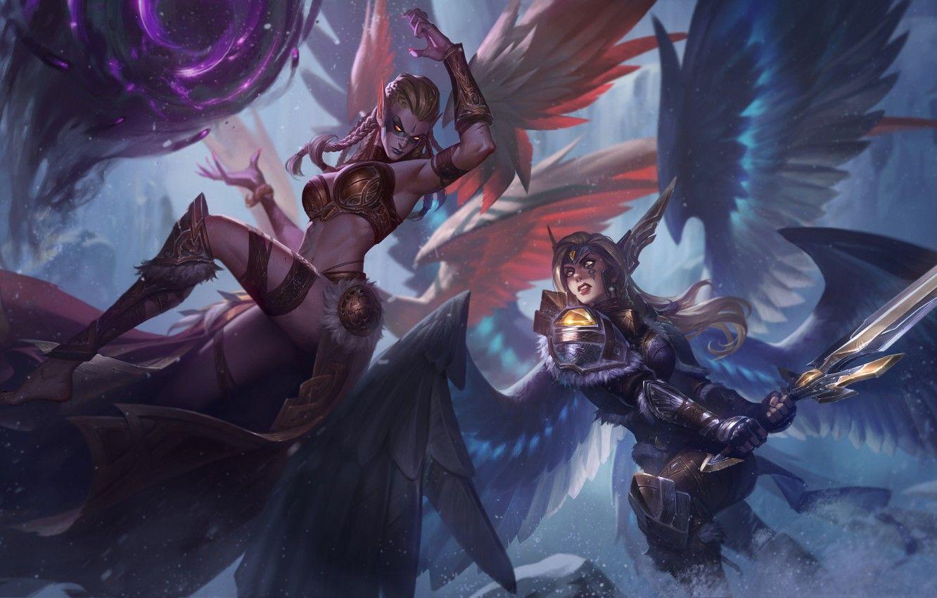 1332x850 Wallpaper sword, fantasy, game, armor, weapon, girls, wings, angels, tattoo, battle, League of Legends, digital art, artwork, warriors, fantasy art, Kayle image for desktop, section игры