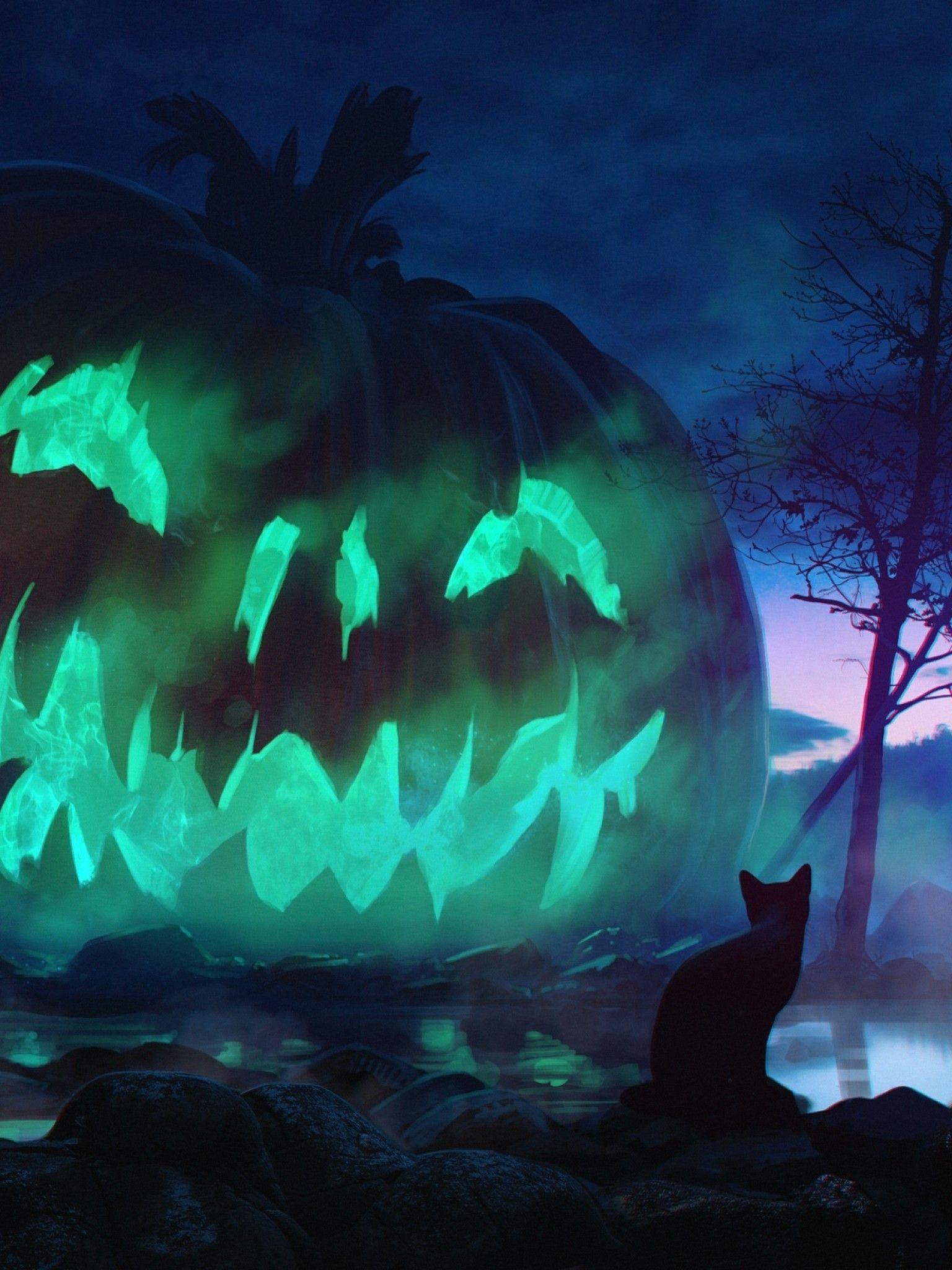 1536x2048 Halloween, Giant Pumpkin, Scary, Cats, Dark Theme, O Lantern Background