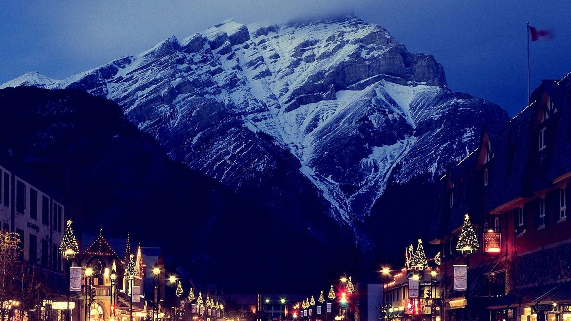 1920x1080 Mountain: Banff Street Mountain Glorious Town Twilight Lights Night