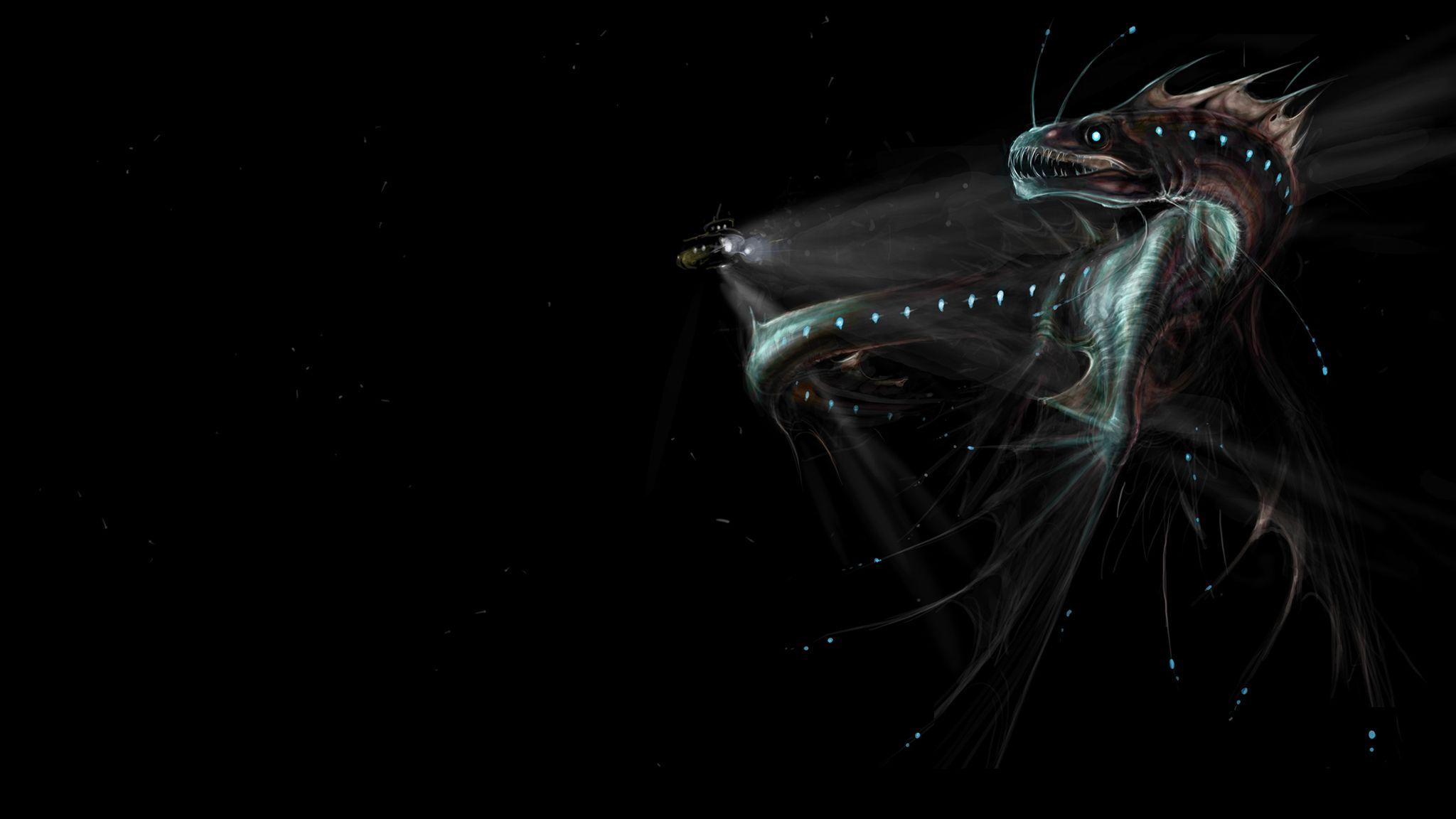 2048x1152 light, fantasy art, deep sea, U Boat, underwater wallpaper