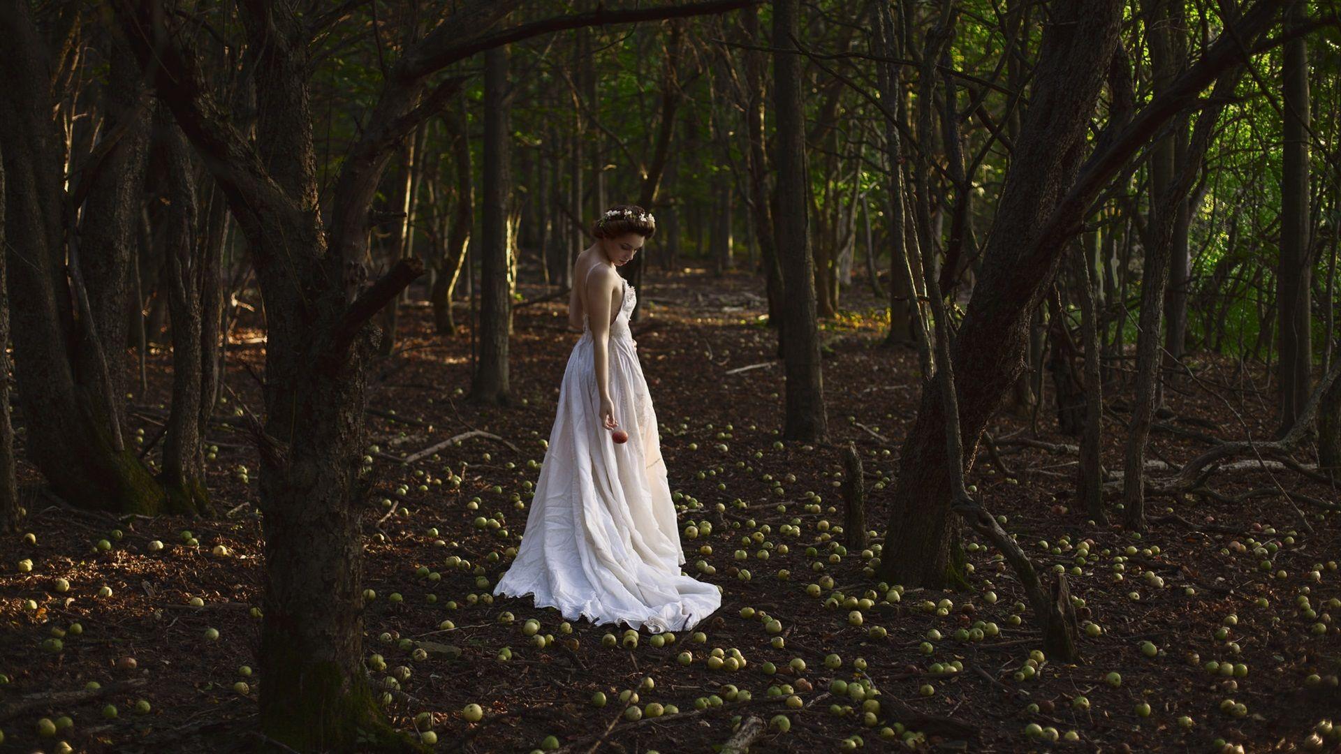 1920x1080 Wallpaper White skirt girl, many green apples on ground, forest 1920x1200 HD Picture, Image