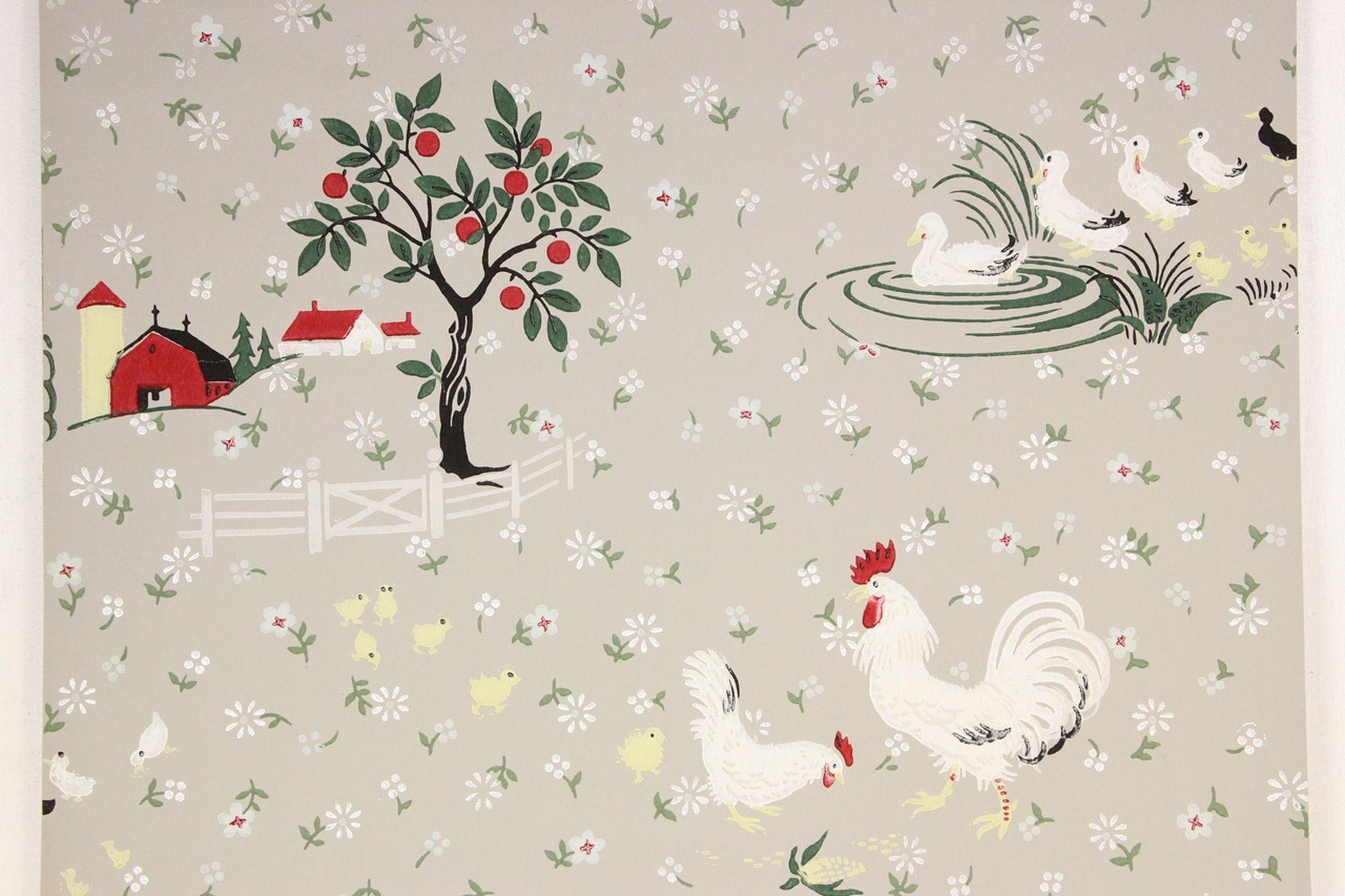 2048x1365 1940s Vintage Wallpaper Farmyard Barn Chickens Ducks on Gray's Vintage Wallpaper