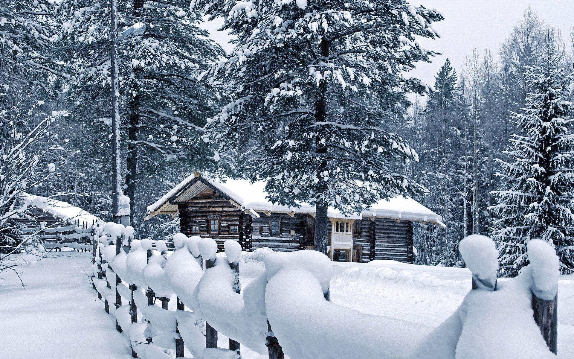 1920x1200 Single storey cottage in the winter woods