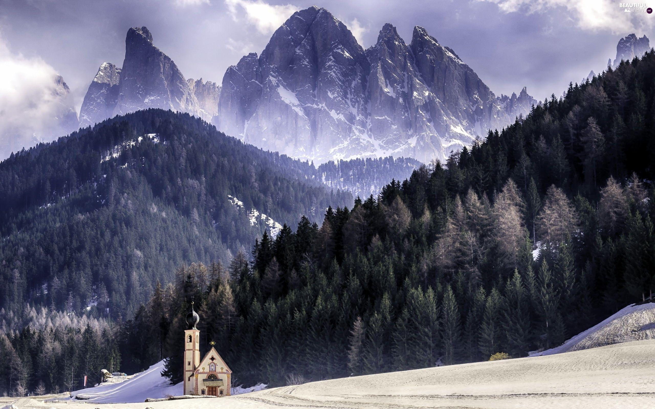 2560x1600 Mountains, church, clouds, winter, woods, Way views wallpaper: 2560x1600