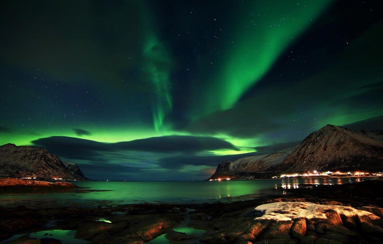 1332x850 Wallpaper sea, the sky, night, rocks, Northern lights, Norway, Norway, The Lofoten Islands, Lofoten Island image for desktop, section природа
