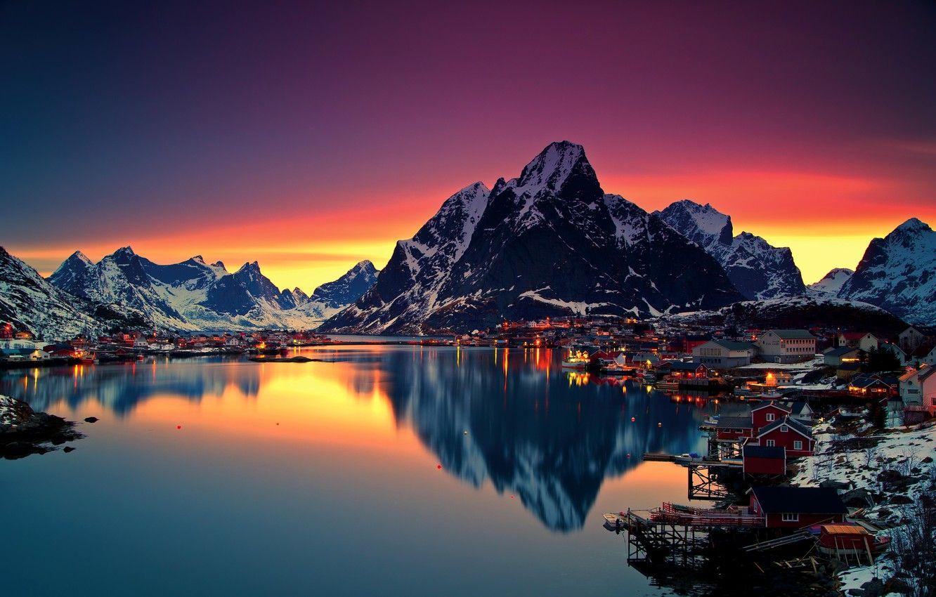 1332x850 Wallpaper winter, the sky, snow, mountains, night, lights, lake, dawn, home, Norway, Lofoten image for desktop, section пейзажи