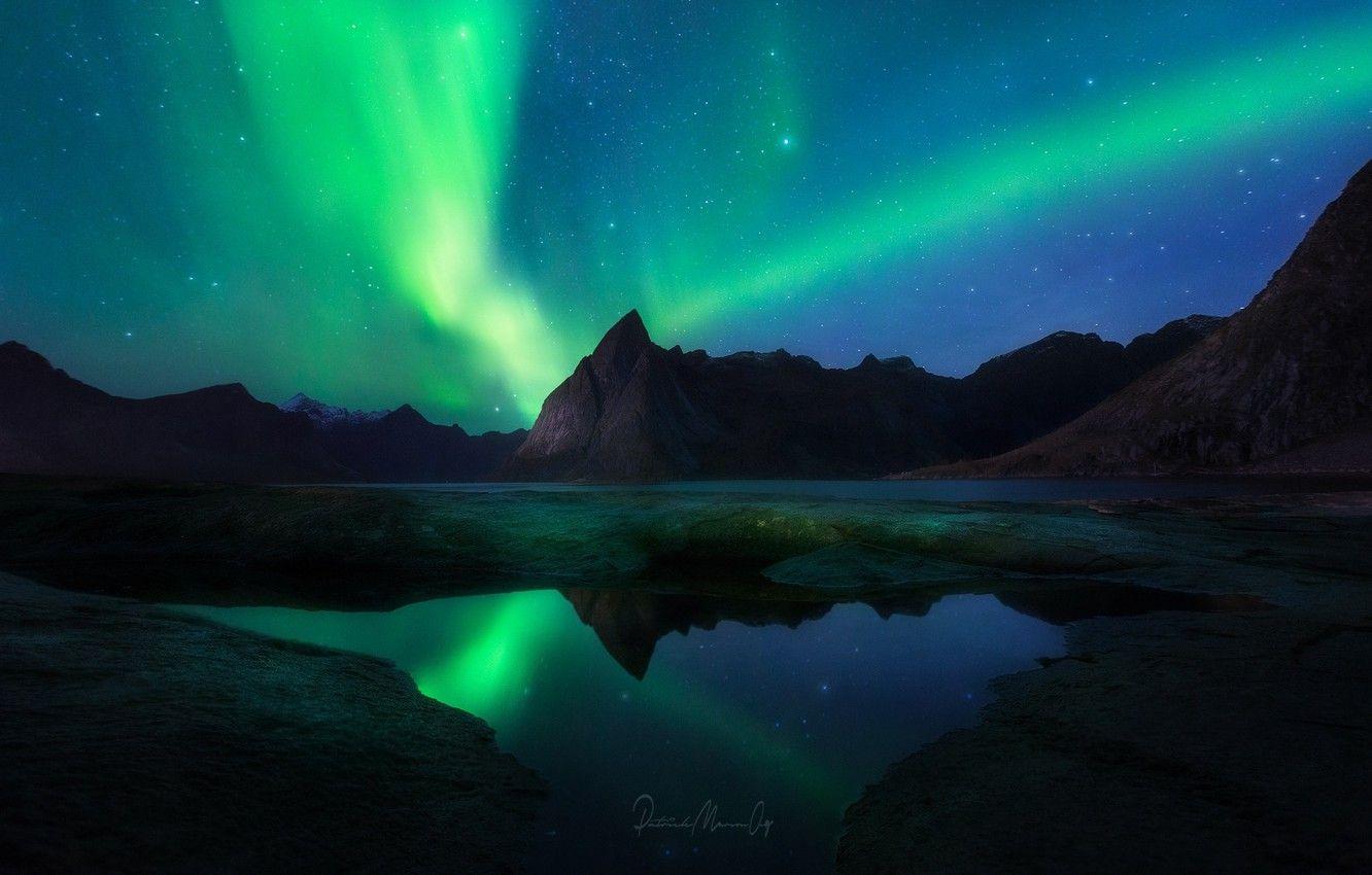 1332x850 Wallpaper the sky, stars, mountains, night, Northern lights, Norway, the fjord image for desktop, section пейзажи