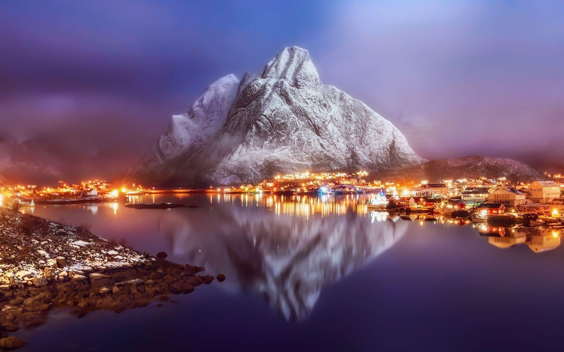 1920x1200 Wallpaper Norway, town, village, fjord, city night, lights, snow, water reflection 1920x1200 HD Picture, Image