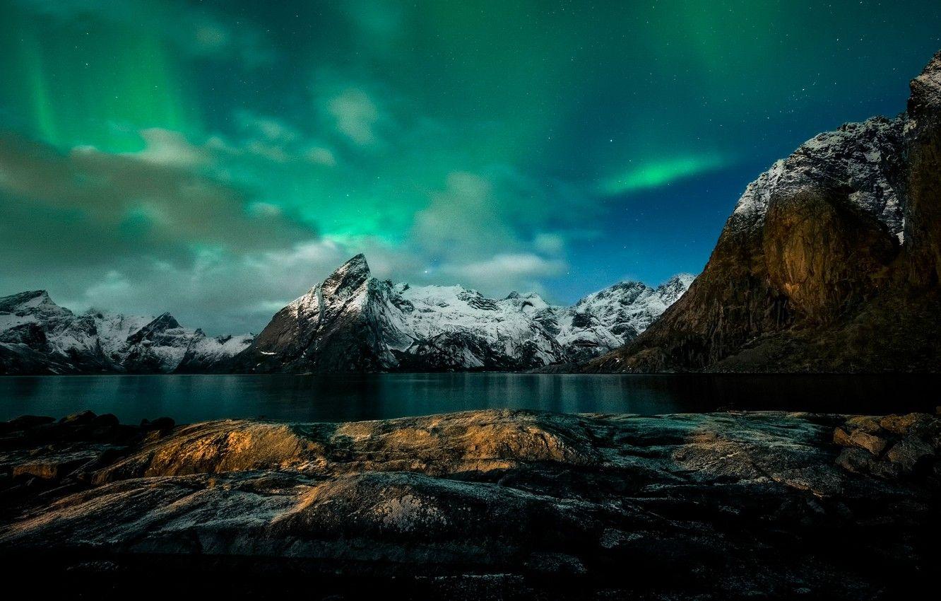 1332x850 Wallpaper mountains, night, Northern lights, Norway image for desktop, section природа