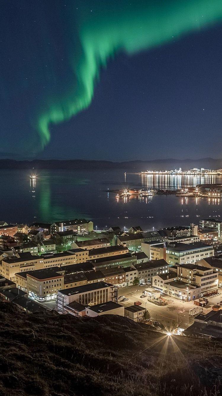 750x1334 Hammerfest, Norway, Northern Lights, Night, Sea, City 750x1334 IPhone 8 7 6 6S Wallpaper, Background, Picture, Image