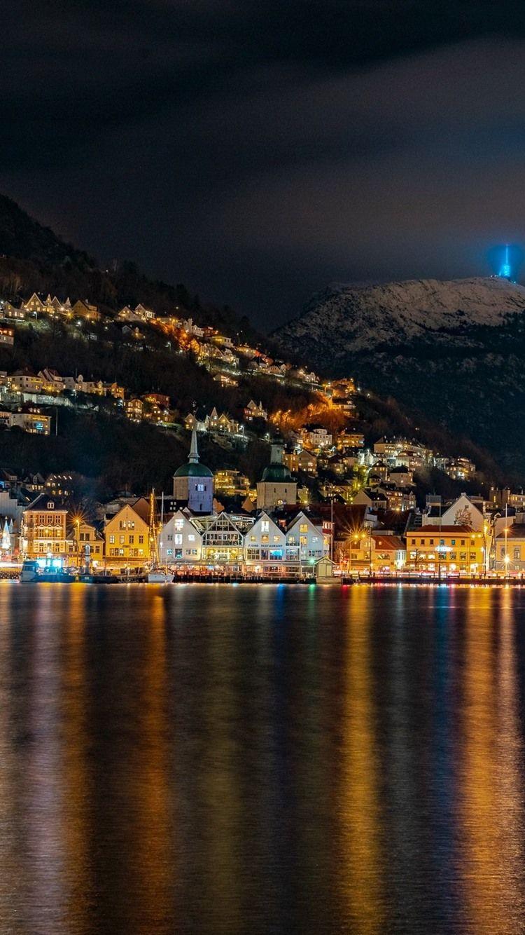 750x1334 Wallpaper Norway, night, lake, city, lights, mountains 2560x1600 HD Picture, Image
