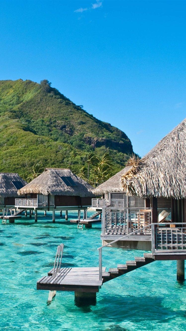 750x1334 Ocean, Sea, Mountain, Wooden Houses, Moorea, French Polynesia 750x1334 IPhone 8 7 6 6S Wallpaper, Background, Picture, Image