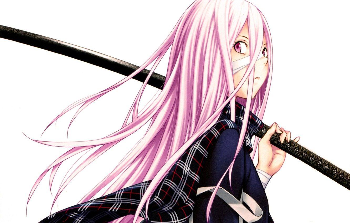 1332x850 Wallpaper katana, scarf, white background, schoolgirl, art, pink hair, bandage, School wars, Ikki Tousen, half a turn, Yuji Shiozaki image for desktop, section прочее